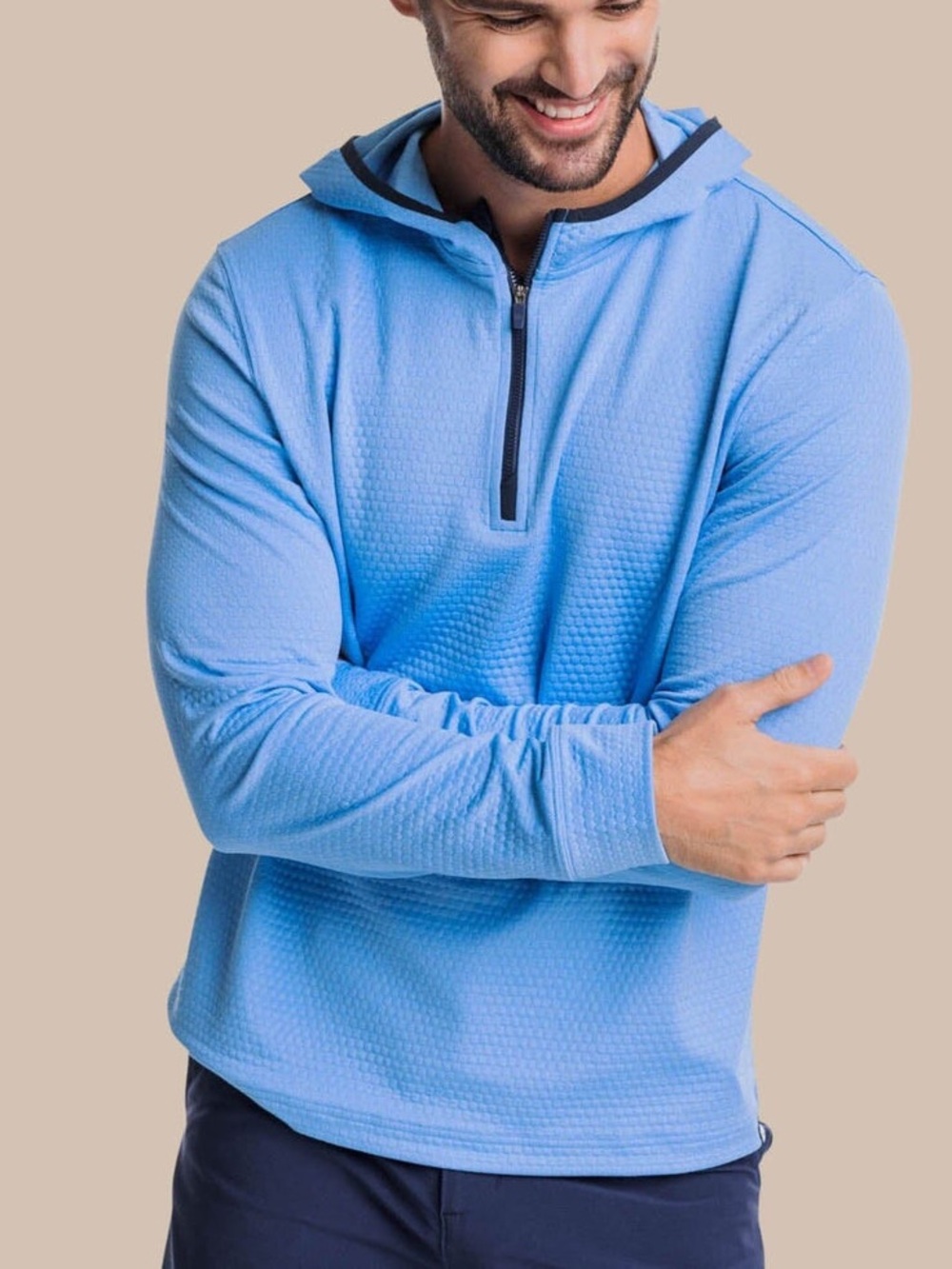 Southern Tide Scuttle Performance Quarter Zip Hoodie in Heather Boat Blue Sz XL